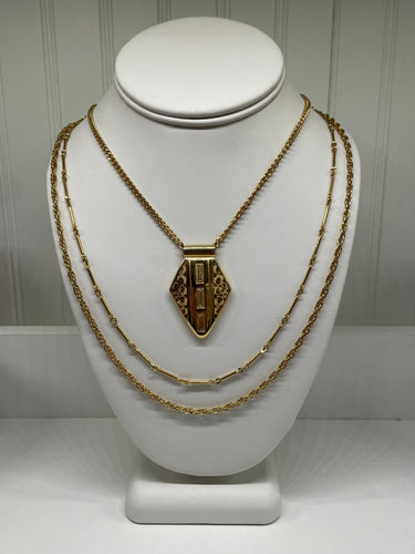 1970’s 3 Strand Gold Chain Necklace with Shield Pendant Bloomers and Frocks